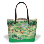 Colorful golf course print tote with leather handles and canvas trim