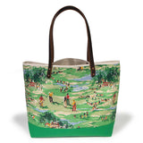 Colorful golf course print tote with leather handles and canvas trim