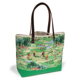 Colorful golf course print tote with leather handles and canvas trim