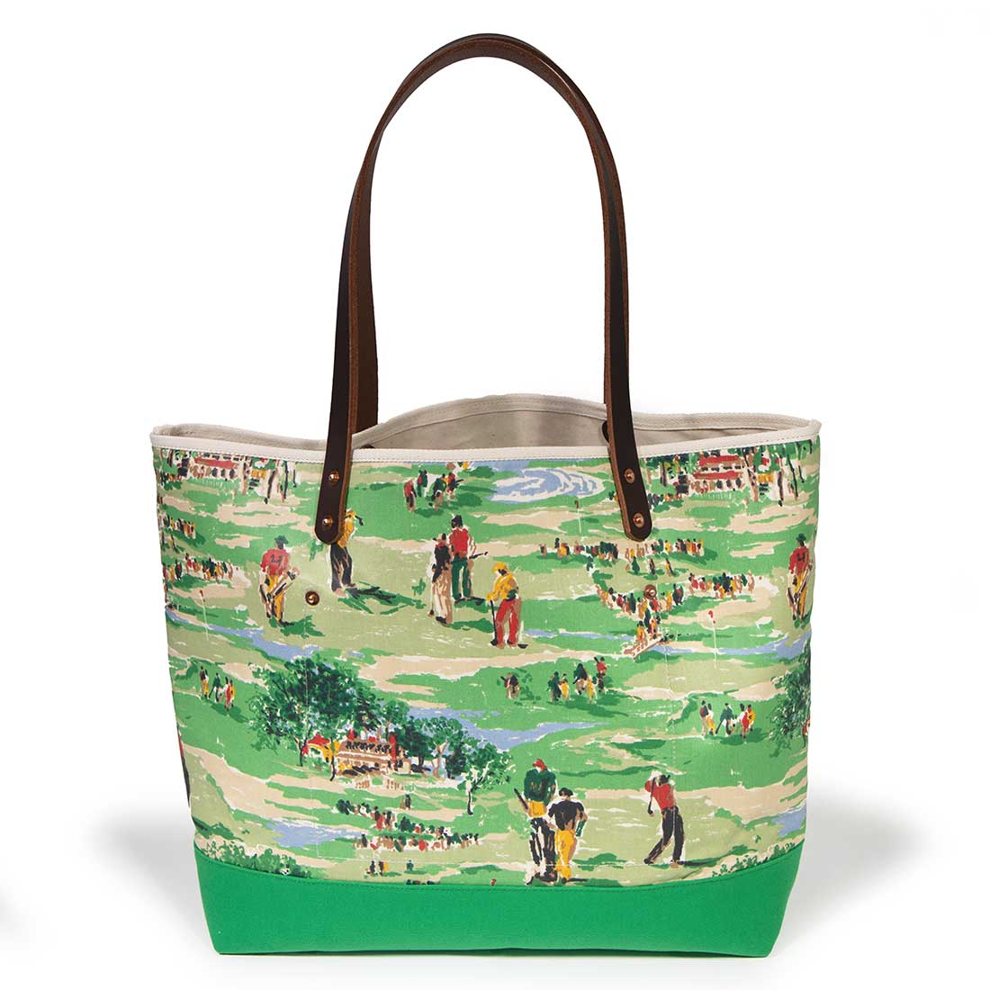 Colorful golf course print tote with leather handles and canvas trim