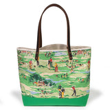 Colorful golf course print tote with leather handles and canvas trim