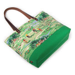 Colorful golf course print tote with leather handles and canvas trim