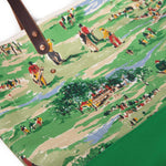 Detail Colorful golf course print tote with leather handles and canvas trim