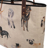 Detail of the watercolor dog print on open-weave linen hopsacking