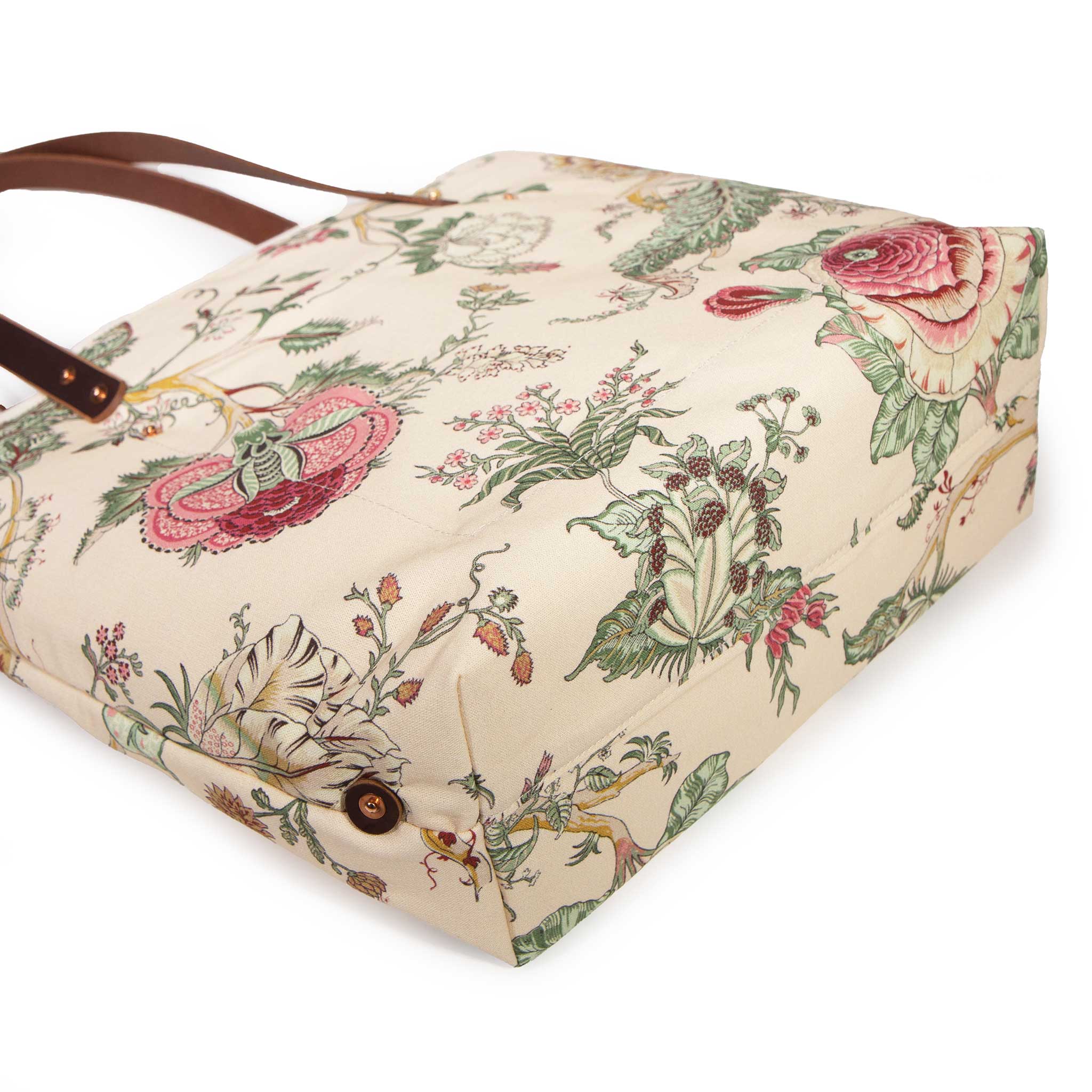 Close detail of the Botanique print — pink cabbage rose and sage foliage on cream canvas