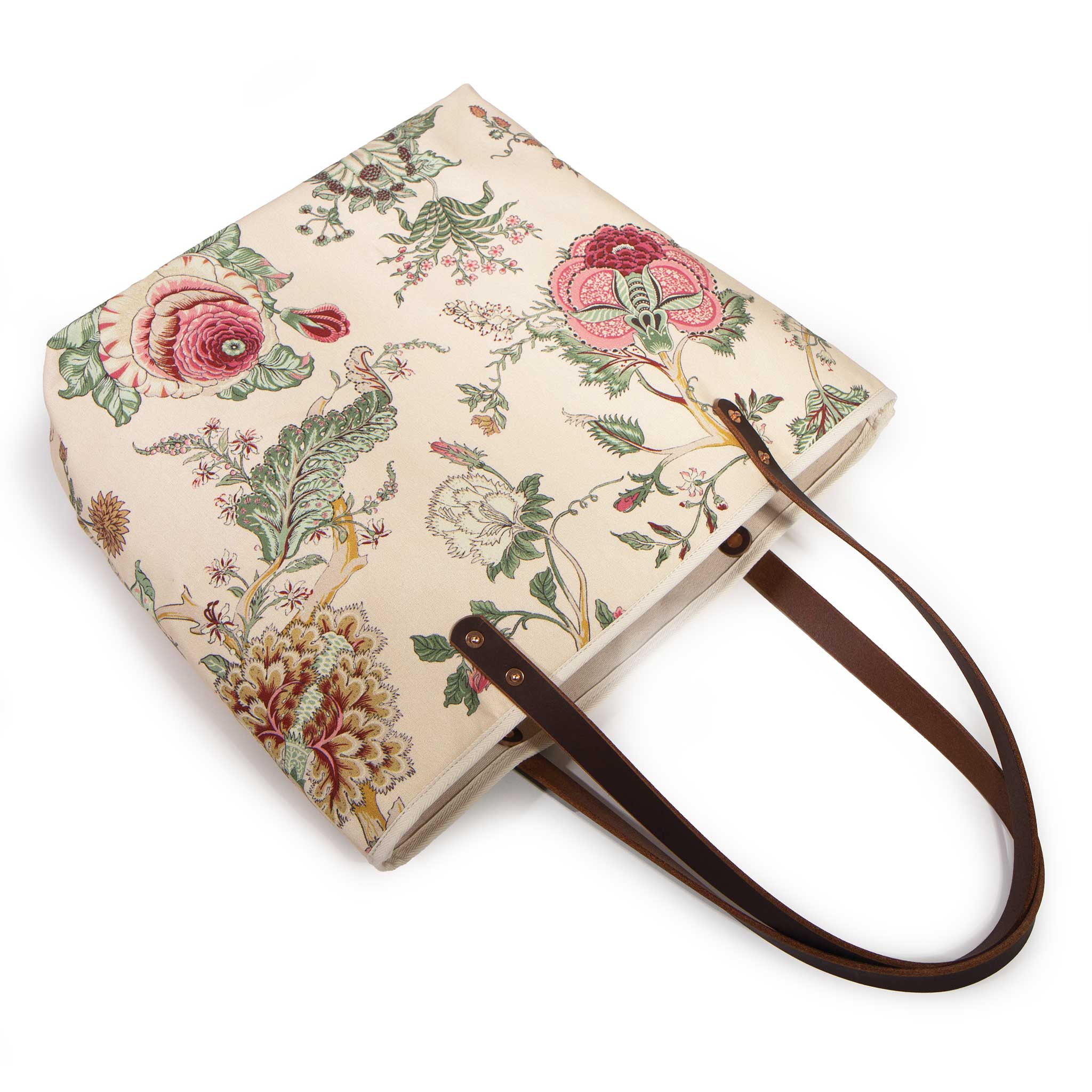 Botanique All Day Tote from above, mahogany leather handles laid out flat