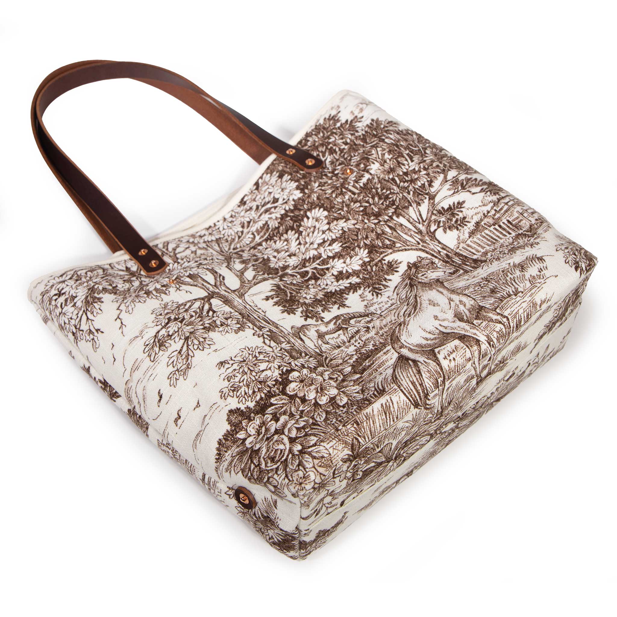 Country Horse All Day Tote on its side — a horse beside a rail fence, with the bound bottom seam visible