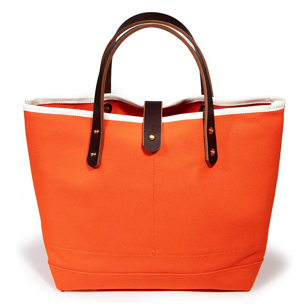 flame orange waxed canvas mini tote with brown leather handles