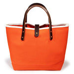 flame orange waxed canvas mini tote with brown leather handles