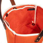 interior flame orange waxed canvas mini tote with brown leather handles