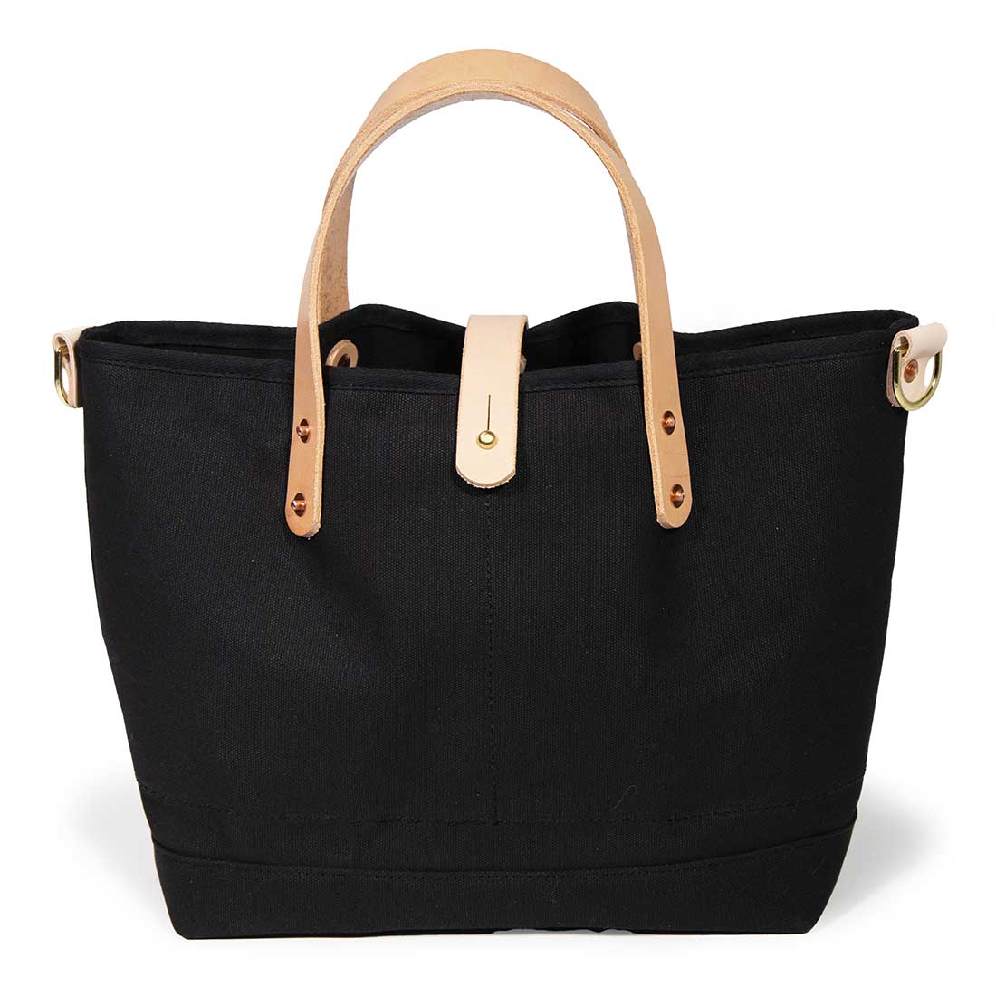 black waxed canvas mini tote with blonde leather handles