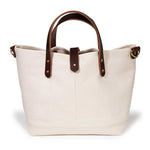 natural canvas mini tote with brown leather handles