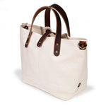 natural canvas mini tote with brown leather handles