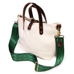 shoulder strap natural canvas mini tote with brown leather handles