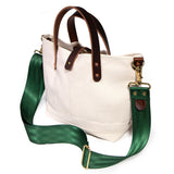 shoulder strap natural canvas mini tote with brown leather handles
