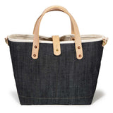 japanese denim mini tote with blonde leather handles