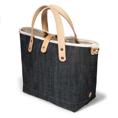japanese denim mini tote with blonde leather handles