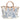 blue and white toile mini tote with blonde leather handles