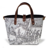 Back of the fog grey Seaside Toile Mini Tote, children gathered by a sailboat on the shore
