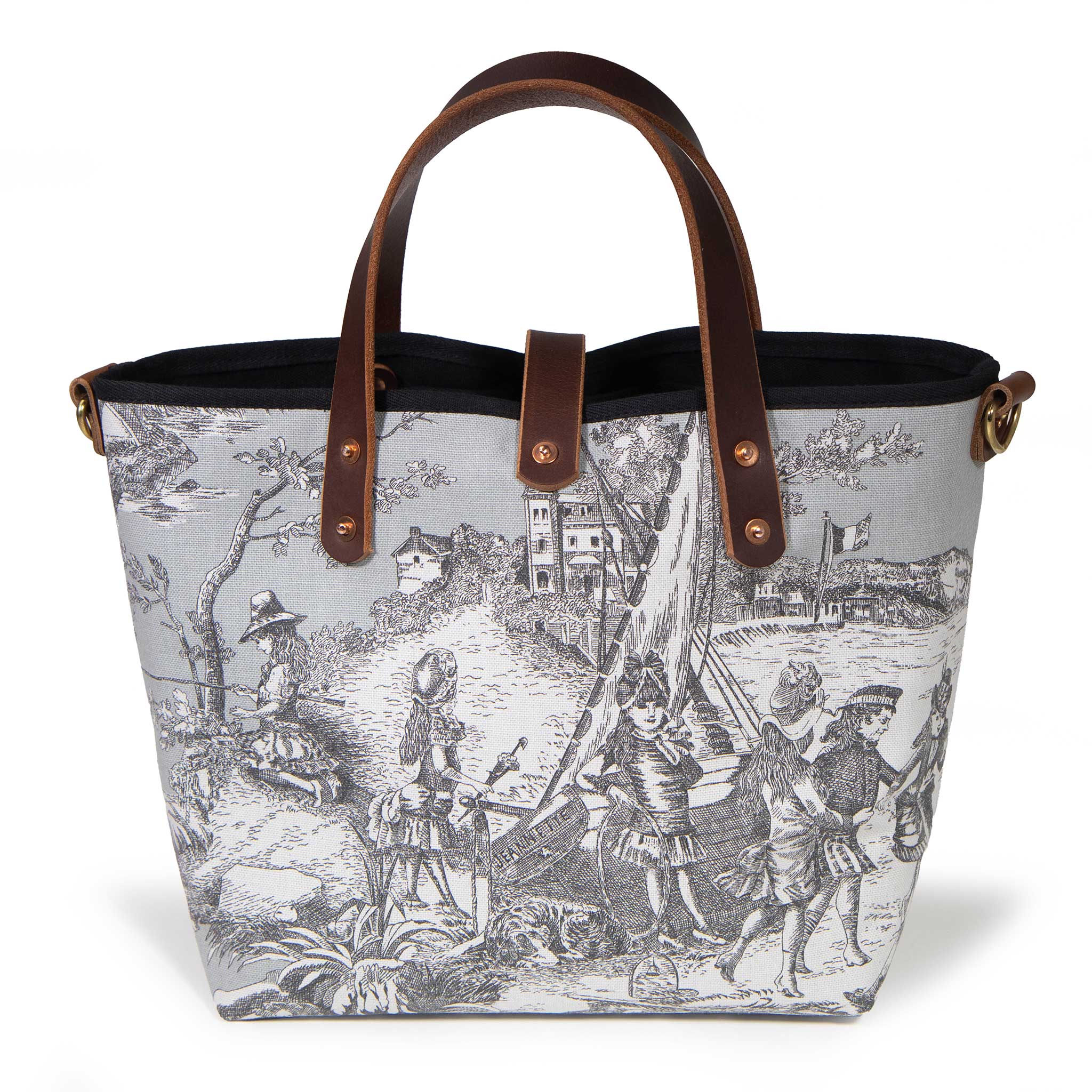 Back of the fog grey Seaside Toile Mini Tote, children gathered by a sailboat on the shore