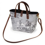 Fog grey Seaside Toile Mini Tote worn with a mahogany leather crossbody strap