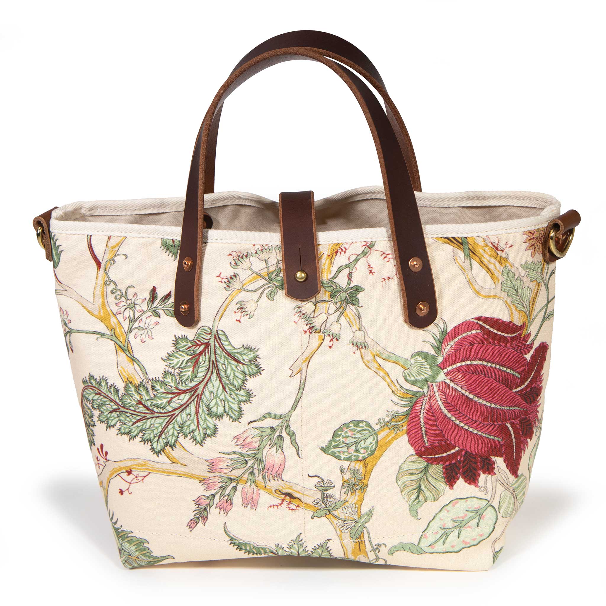 Front of the Botanique Floral Print Mini Tote, a deep rose bloom and sage foliage on golden branches, with mahogany handles and button tab