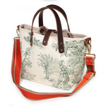 Butter and Pine Toile Mini Tote with an orange and tan striped crossbody strap