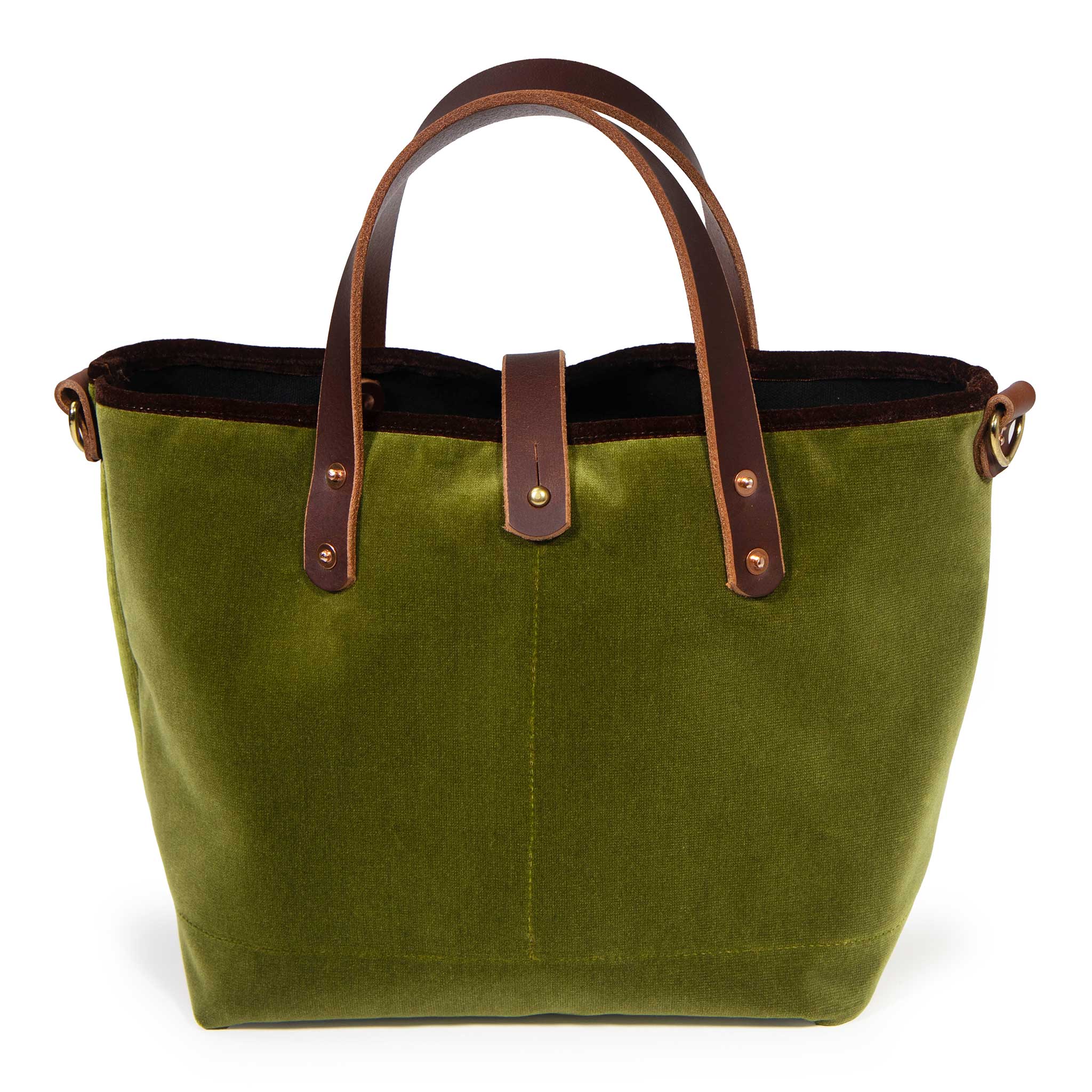 Front of the peridot green Luxe Velvet Mini Tote, with mahogany leather handles, copper rivets and a button tab