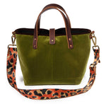 Peridot green Luxe Velvet Mini Tote with an orange leopard jacquard crossbody strap