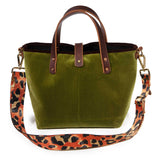 Peridot green Luxe Velvet Mini Tote with an orange leopard jacquard crossbody strap