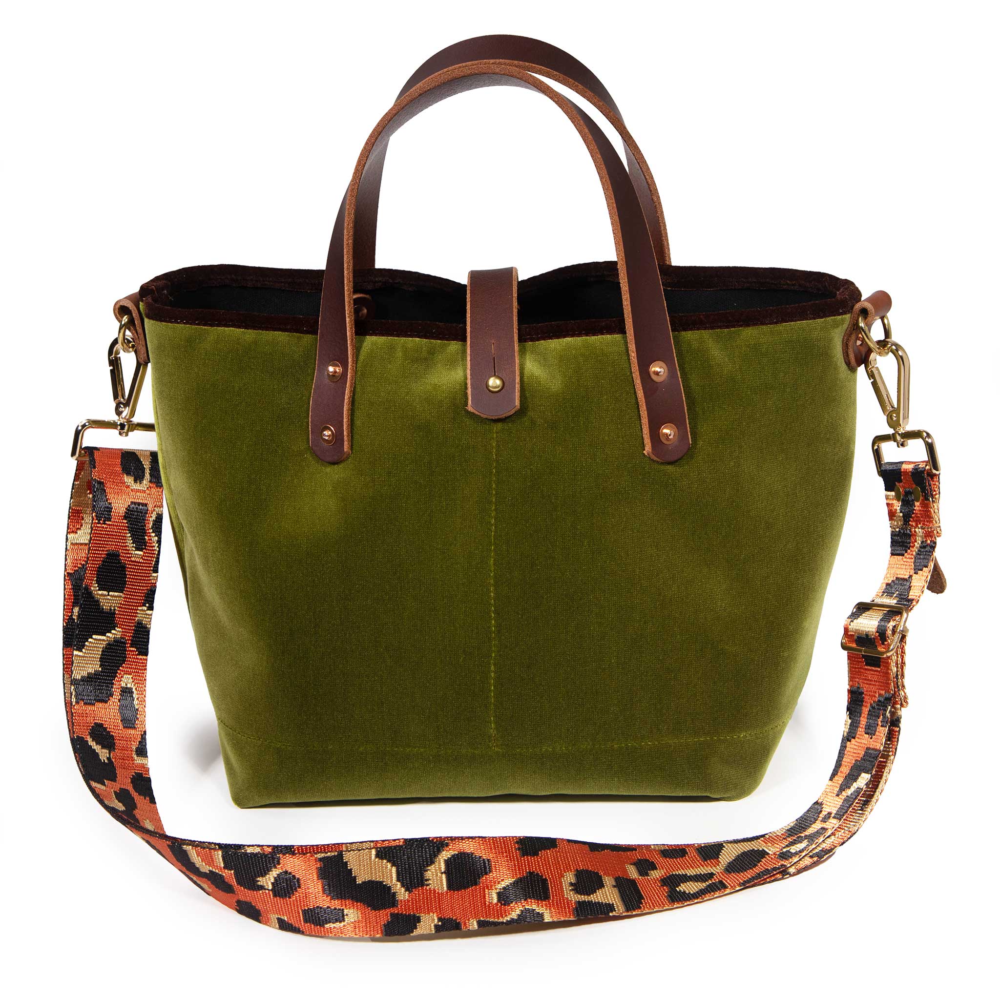 Peridot green Luxe Velvet Mini Tote with an orange leopard jacquard crossbody strap