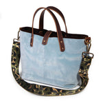 Glacier blue Luxe Velvet Mini Tote with an olive leopard jacquard crossbody strap