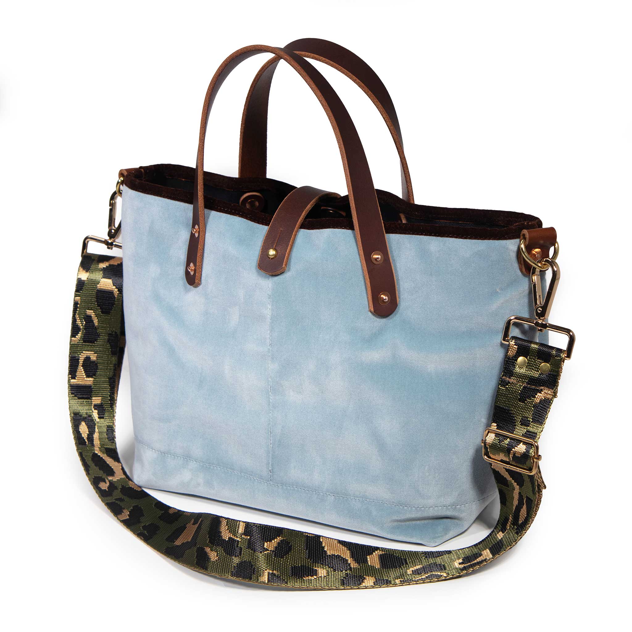 Glacier blue Luxe Velvet Mini Tote with an olive leopard jacquard crossbody strap