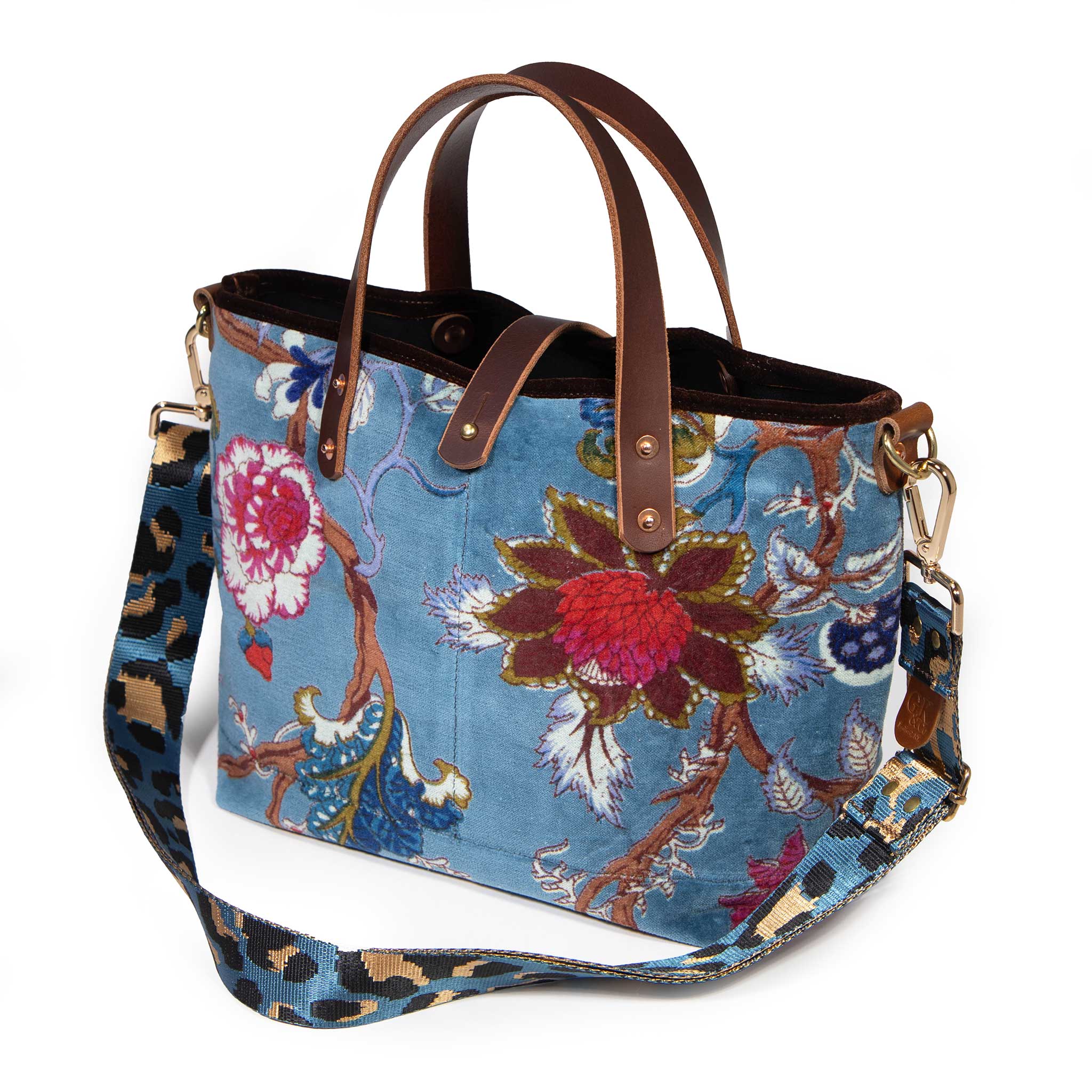 Luxe Velvet Mini Tote - Duck Egg Blue Botanical Print
