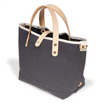 gray canvas mini tote with blonde leather handles