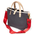 shoulder strap gray canvas mini tote with blonde leather handles