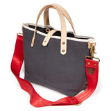 shoulder strap gray canvas mini tote with blonde leather handles
