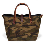 camouflage print mini tote with brown leather handles 