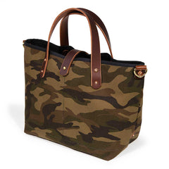 camouflage print mini tote with brown leather handles 
