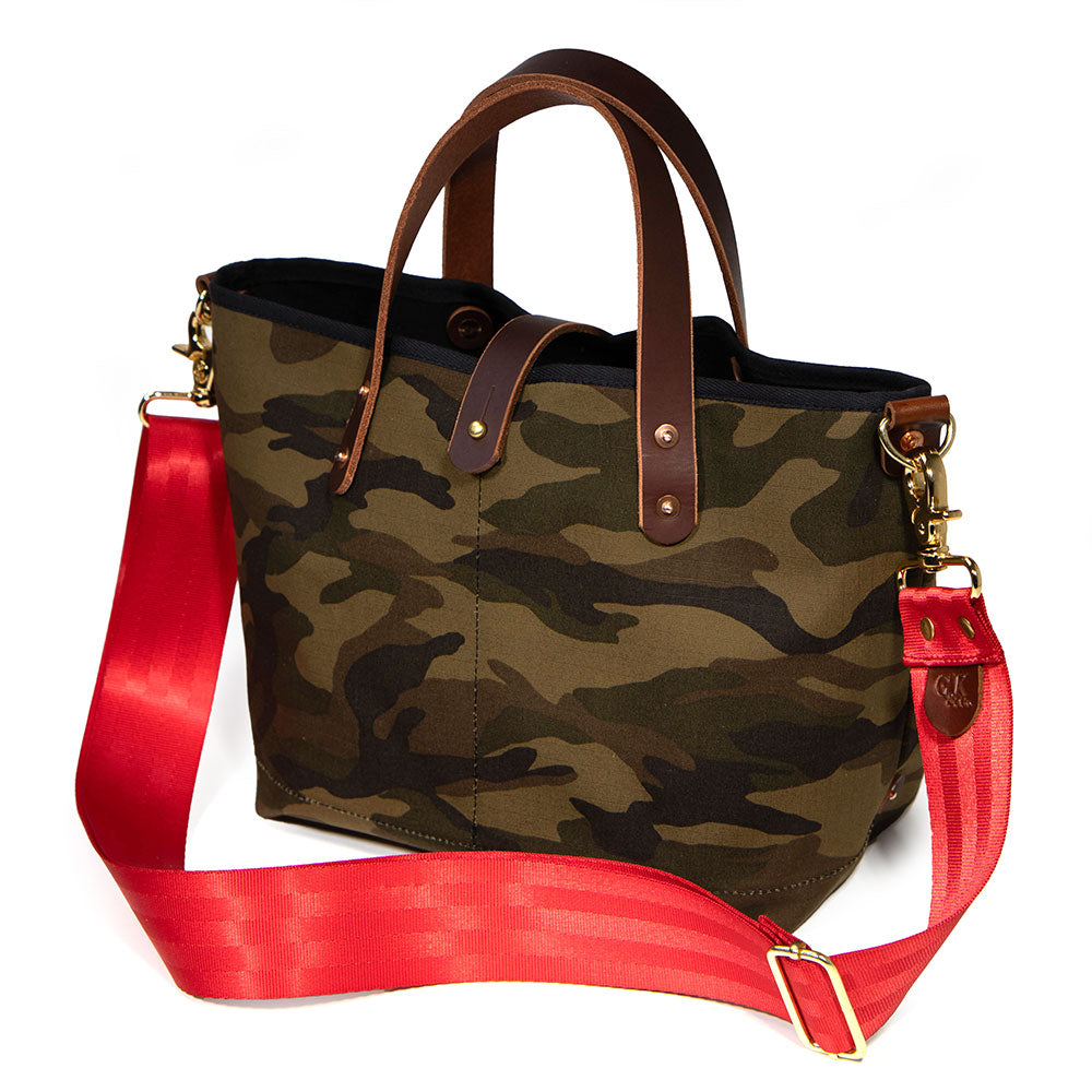 shoulder strap camouflage print mini tote with brown leather handles 