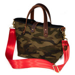 shoulder strap camouflage print mini tote with brown leather handles 