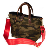 shoulder strap camouflage print mini tote with brown leather handles 