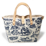 nautical white and navy nautical toile mini tote with blonde leather handles