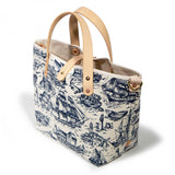 nautical white and navy nautical toile mini tote with blonde leather handles