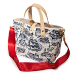 shoulder strap nautical white and navy nautical toile mini tote with blonde leather handles