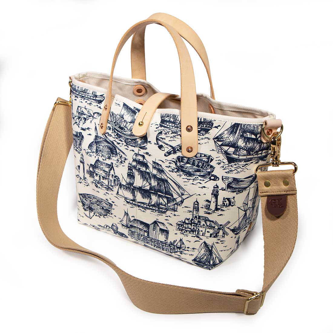 shoulder strap nautical white and navy nautical toile mini tote with blonde leather handles