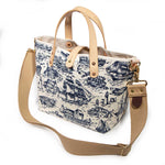 shoulder strap nautical white and navy nautical toile mini tote with blonde leather handles