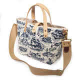shoulder strap nautical white and navy nautical toile mini tote with blonde leather handles