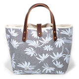 gray floral print mini tote with brown leather handles