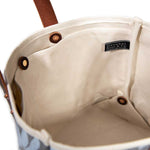 interior gray floral print mini tote with brown leather handles